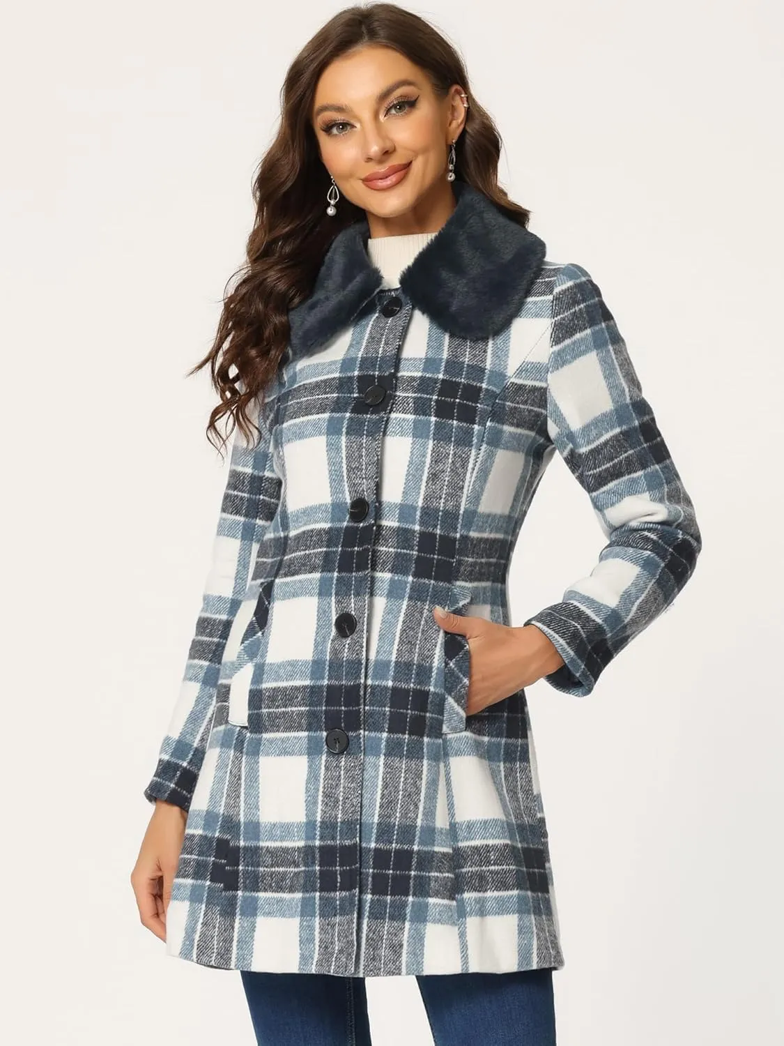 Allegra K Women's Buffalo Checks Shacket Button Down Peter Pan Collar Long Winter Plaid Coat