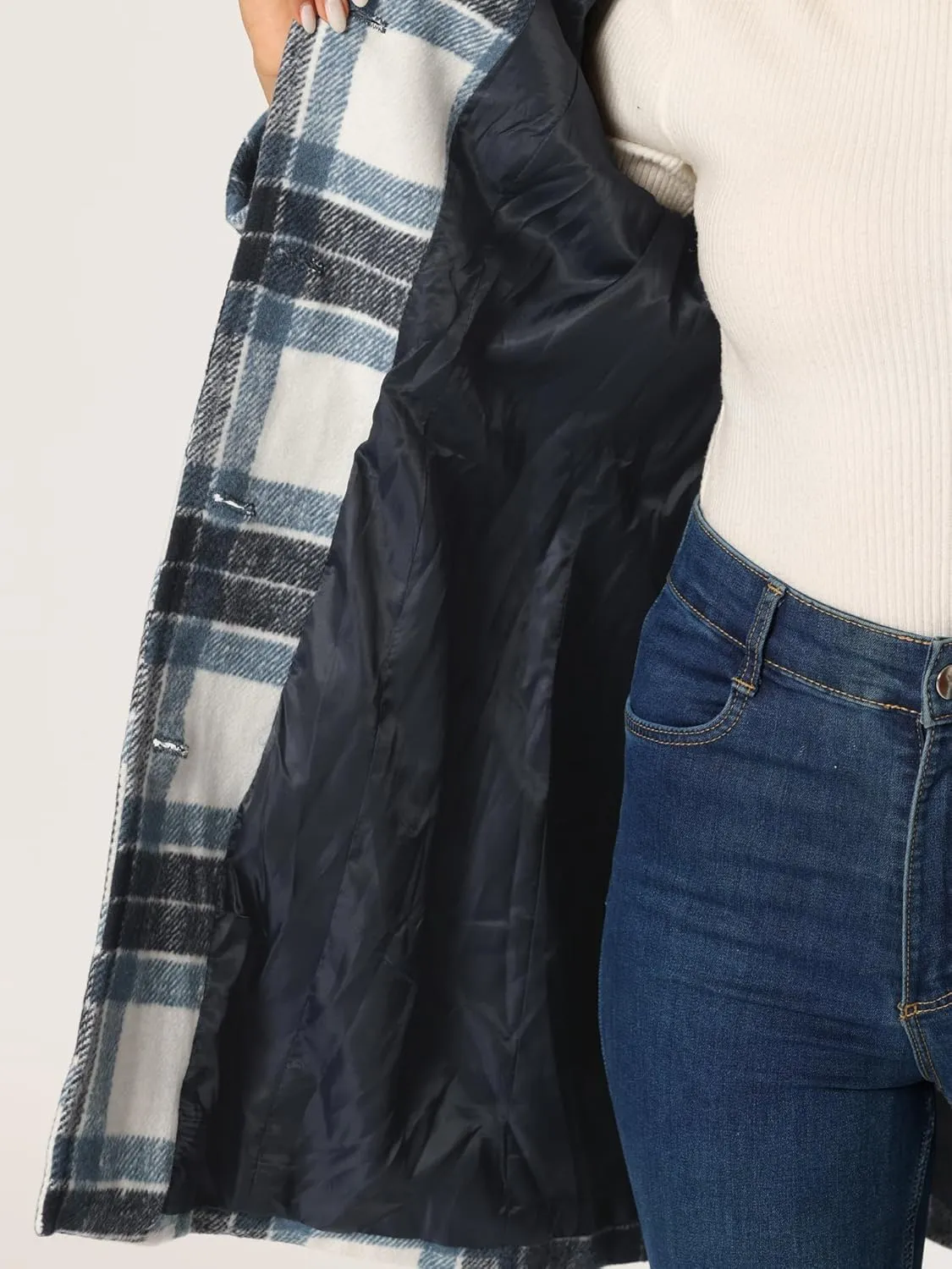 Allegra K Women's Buffalo Checks Shacket Button Down Peter Pan Collar Long Winter Plaid Coat
