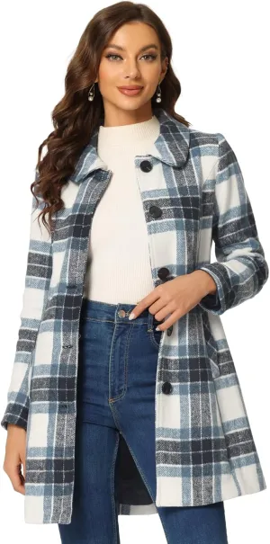 Allegra K Women's Buffalo Checks Shacket Button Down Peter Pan Collar Long Winter Plaid Coat
