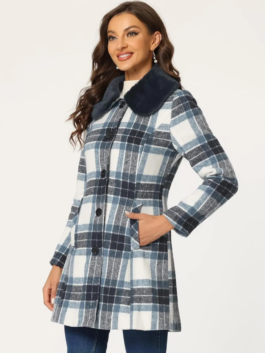Allegra K Women's Buffalo Checks Shacket Button Down Peter Pan Collar Long Winter Plaid Coat