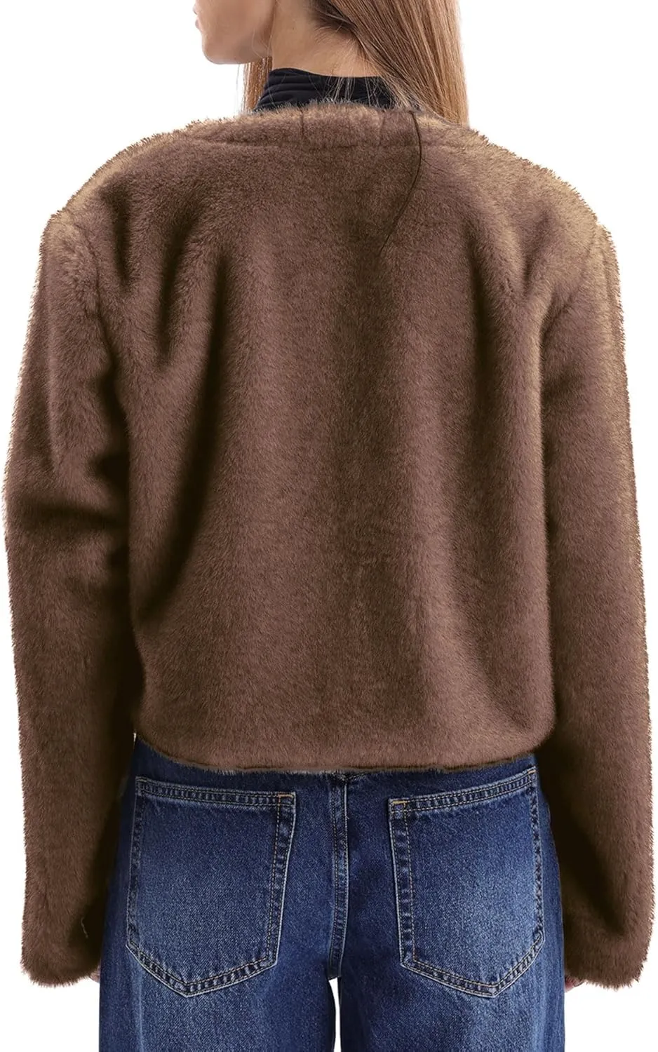 Amazhiyu Women's Faux Fur Cropped Coat with Leather Belt Detail Winter Jacket