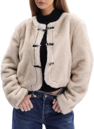 Amazhiyu Women's Faux Fur Cropped Coat with Leather Belt Detail Winter Jacket