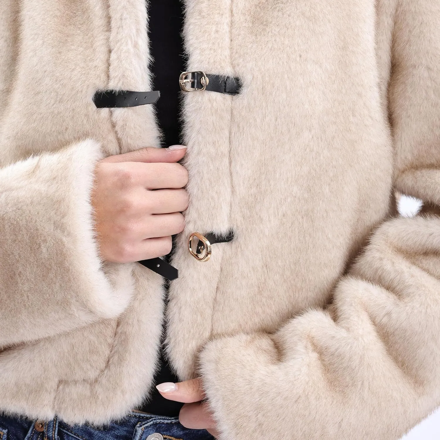 Amazhiyu Women's Faux Fur Cropped Coat with Leather Belt Detail Winter Jacket