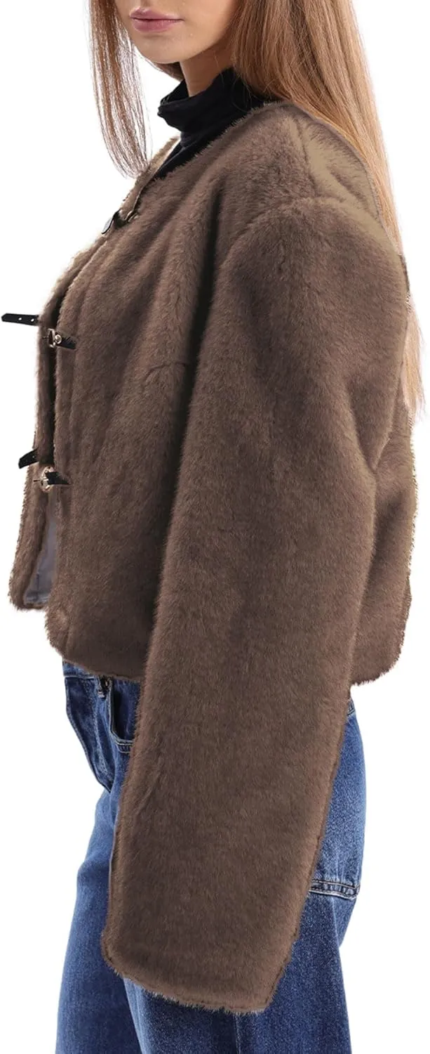 Amazhiyu Women's Faux Fur Cropped Coat with Leather Belt Detail Winter Jacket