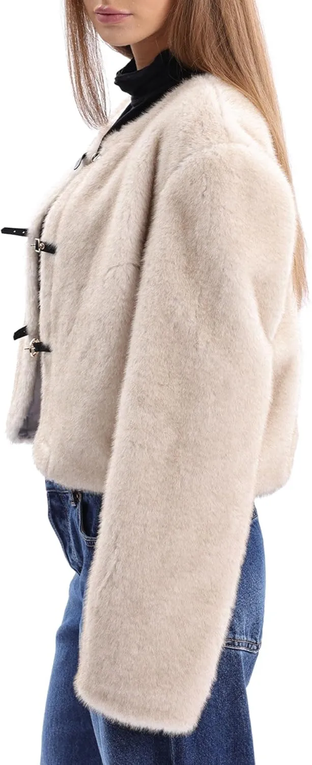 Amazhiyu Women's Faux Fur Cropped Coat with Leather Belt Detail Winter Jacket
