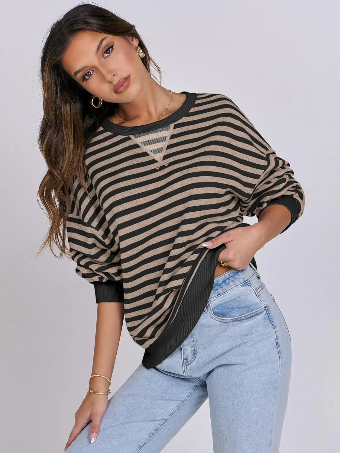 ANRABESS Women Striped Oversized Sweatshirt Crewneck Long Sleeve Shirts Hoodies 2025 Summer Fashion Pullover Top Y2K Outfits