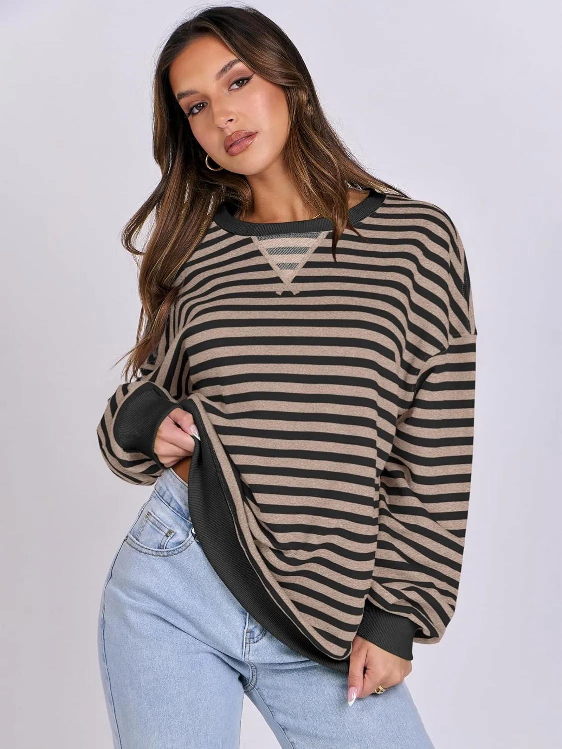 ANRABESS Women Striped Oversized Sweatshirt Crewneck Long Sleeve Shirts Hoodies 2025 Summer Fashion Pullover Top Y2K Outfits