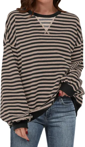 ANRABESS Women Striped Oversized Sweatshirt Crewneck Long Sleeve Shirts Hoodies 2025 Summer Fashion Pullover Top Y2K Outfits
