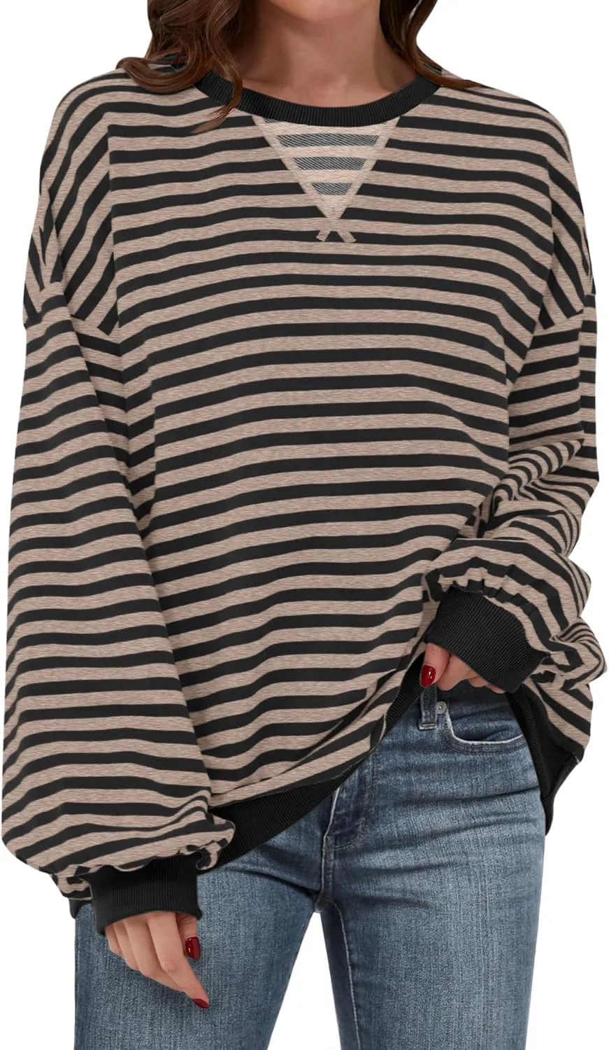 ANRABESS Women Striped Oversized Sweatshirt Crewneck Long Sleeve Shirts Hoodies 2025 Summer Fashion Pullover Top Y2K Outfits