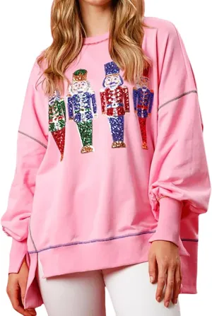 Aonoapll Women Sequin Nutcracker Sweatshirt Cute Holiday Oversized Pullover Sparkly Christmas Long Sleeve Crewneck Shirt
