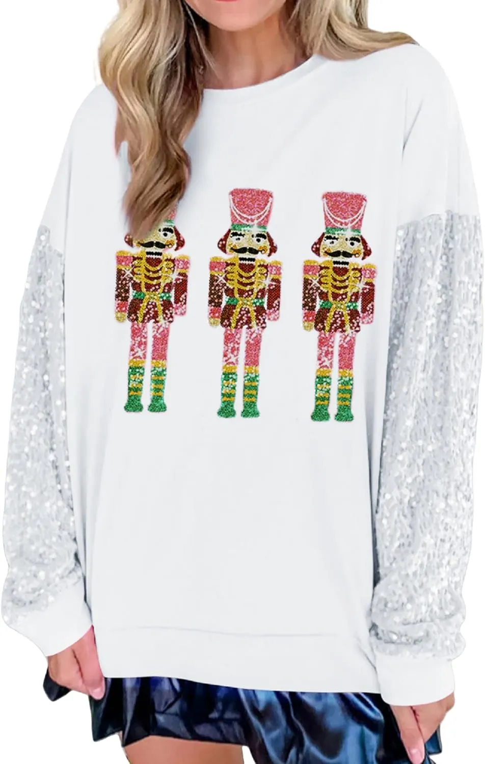Aonoapll Women Sequin Nutcracker Sweatshirt Cute Holiday Oversized Pullover Sparkly Christmas Long Sleeve Crewneck Shirt
