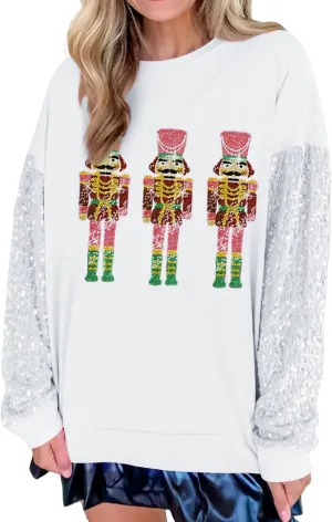 Aonoapll Women Sequin Nutcracker Sweatshirt Cute Holiday Oversized Pullover Sparkly Christmas Long Sleeve Crewneck Shirt