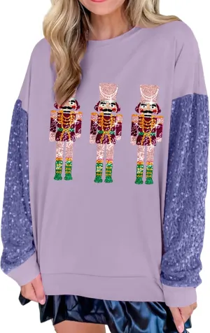 Aonoapll Women Sequin Nutcracker Sweatshirt Cute Holiday Oversized Pullover Sparkly Christmas Long Sleeve Crewneck Shirt