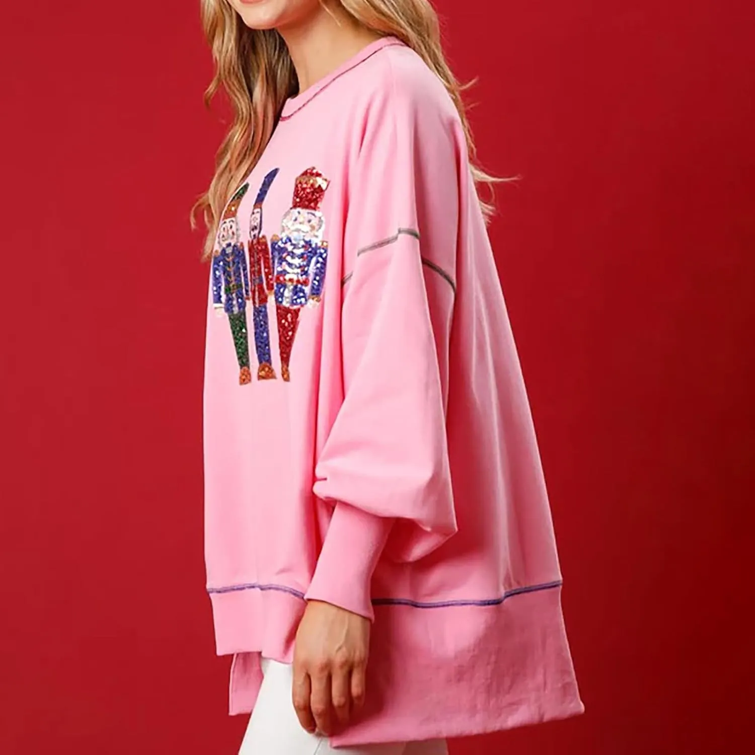 Aonoapll Women Sequin Nutcracker Sweatshirt Cute Holiday Oversized Pullover Sparkly Christmas Long Sleeve Crewneck Shirt