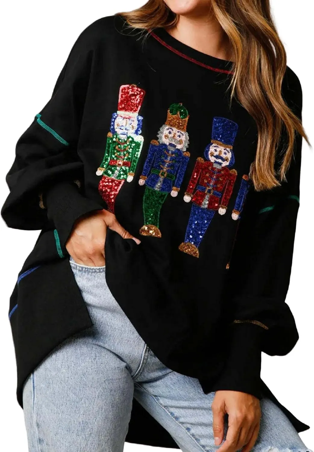 Aonoapll Women Sequin Nutcracker Sweatshirt Cute Holiday Oversized Pullover Sparkly Christmas Long Sleeve Crewneck Shirt