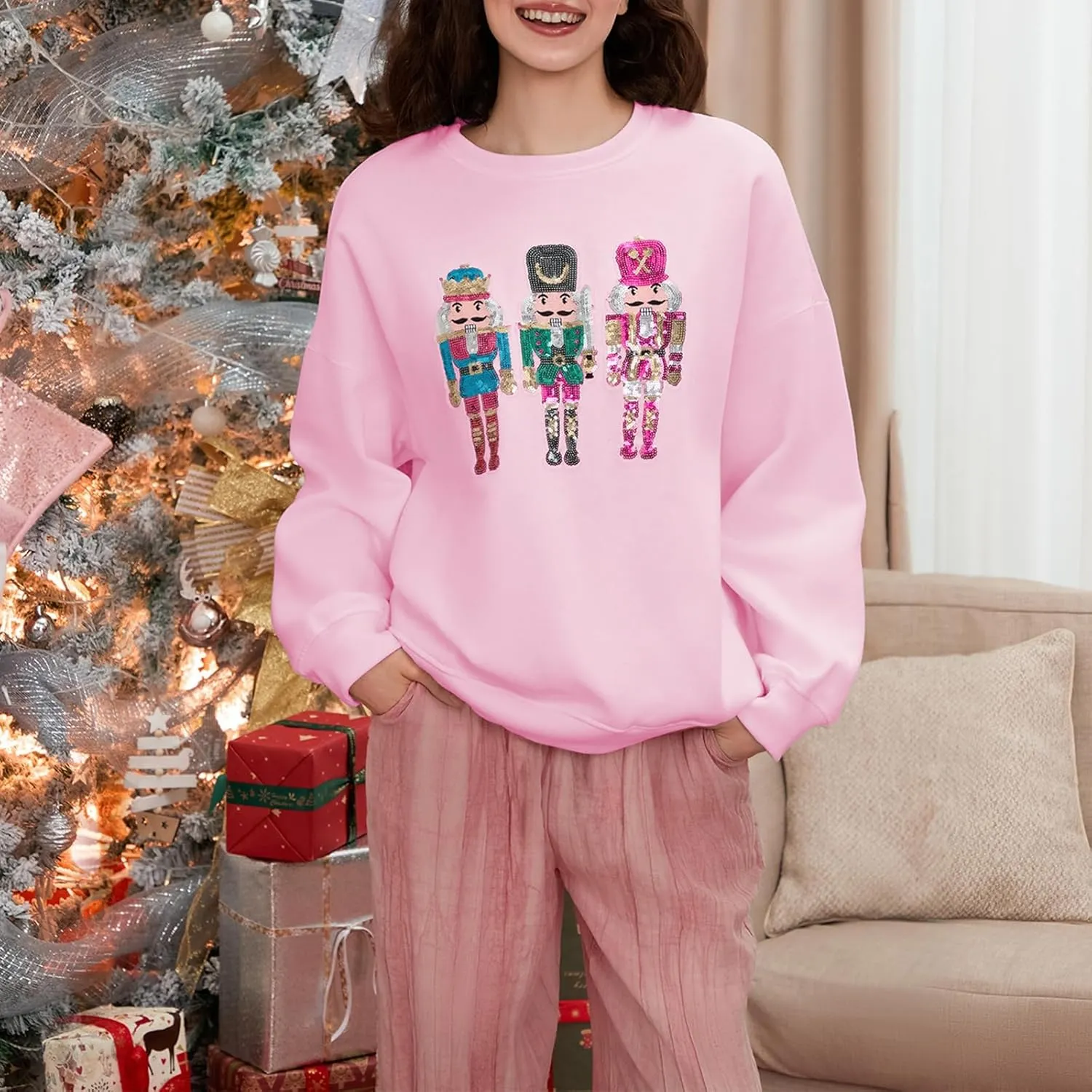 Aonoapll Women Sequin Nutcracker Sweatshirt Cute Holiday Oversized Pullover Sparkly Christmas Long Sleeve Crewneck Shirt