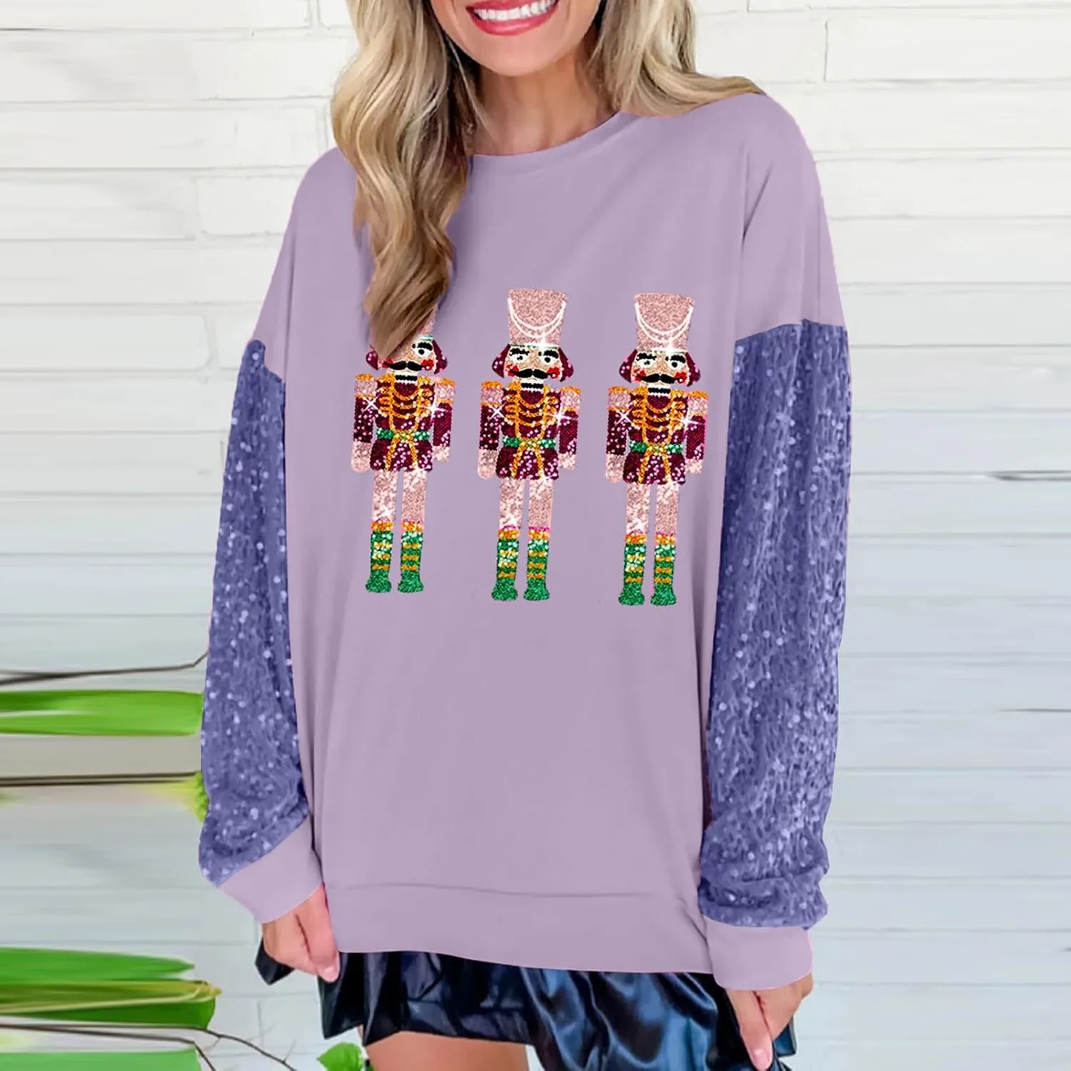 Aonoapll Women Sequin Nutcracker Sweatshirt Cute Holiday Oversized Pullover Sparkly Christmas Long Sleeve Crewneck Shirt