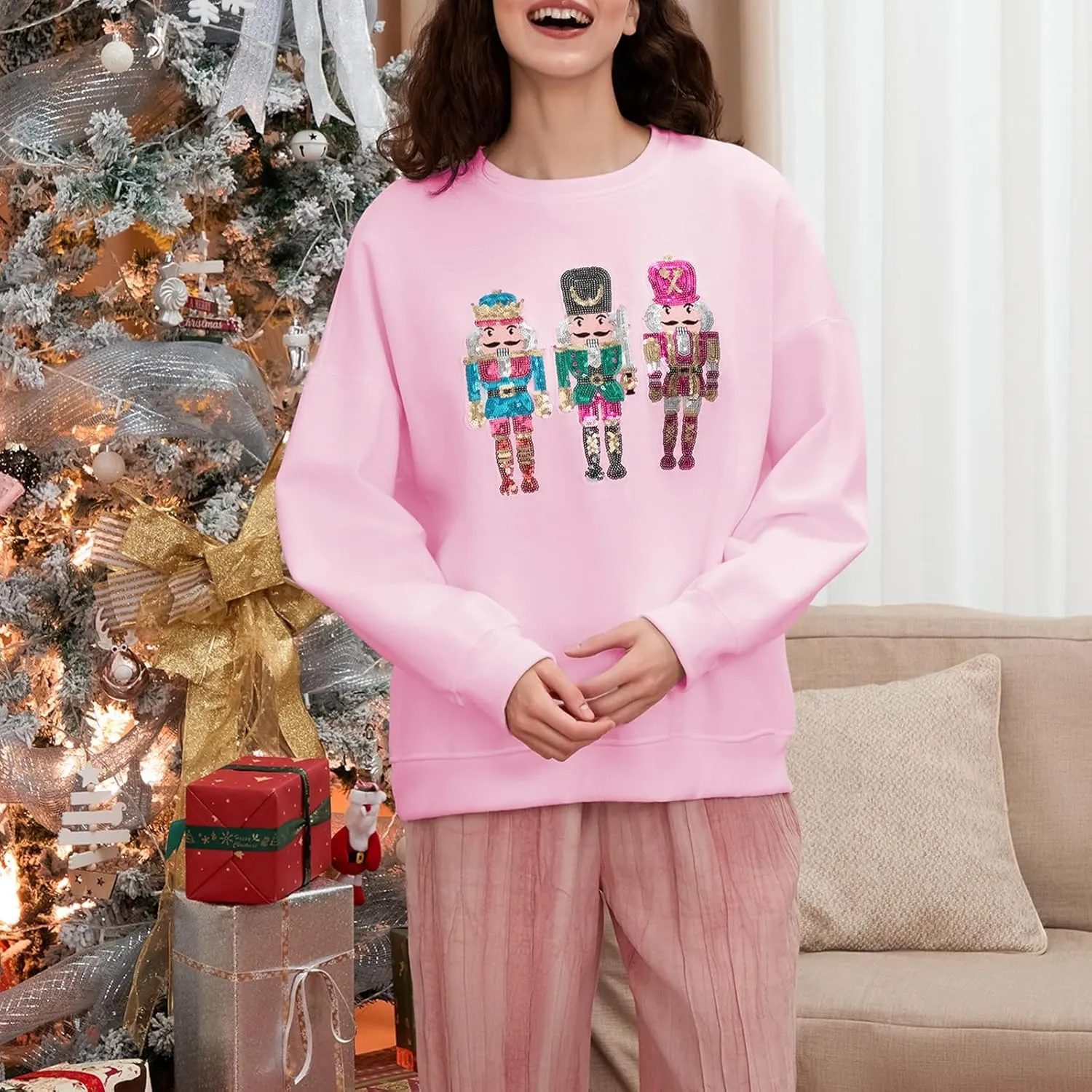 Aonoapll Women Sequin Nutcracker Sweatshirt Cute Holiday Oversized Pullover Sparkly Christmas Long Sleeve Crewneck Shirt