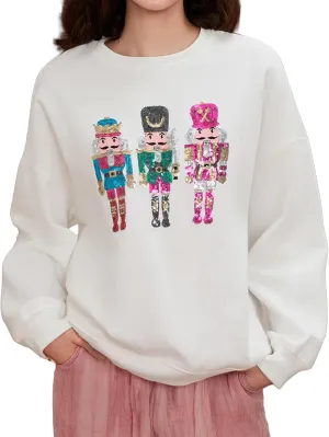 Aonoapll Women Sequin Nutcracker Sweatshirt Cute Holiday Oversized Pullover Sparkly Christmas Long Sleeve Crewneck Shirt
