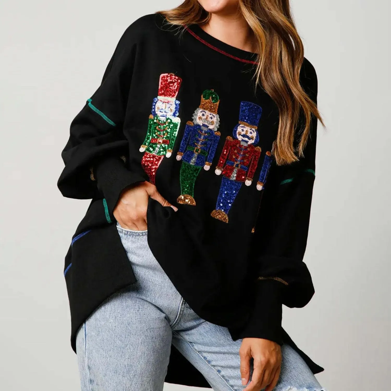 Aonoapll Women Sequin Nutcracker Sweatshirt Cute Holiday Oversized Pullover Sparkly Christmas Long Sleeve Crewneck Shirt