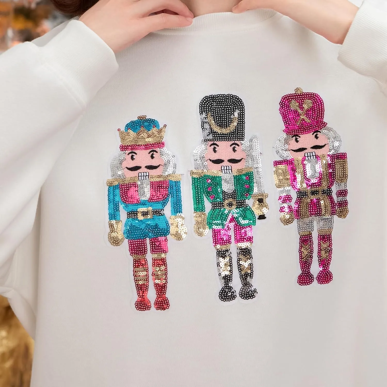 Aonoapll Women Sequin Nutcracker Sweatshirt Cute Holiday Oversized Pullover Sparkly Christmas Long Sleeve Crewneck Shirt