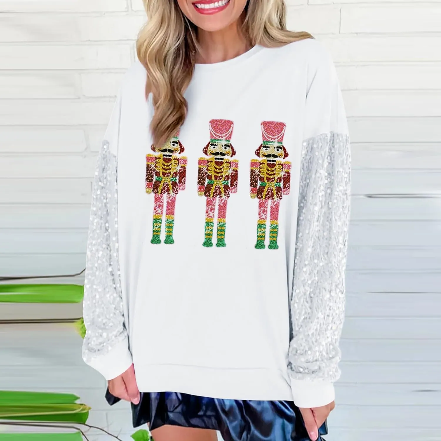 Aonoapll Women Sequin Nutcracker Sweatshirt Cute Holiday Oversized Pullover Sparkly Christmas Long Sleeve Crewneck Shirt