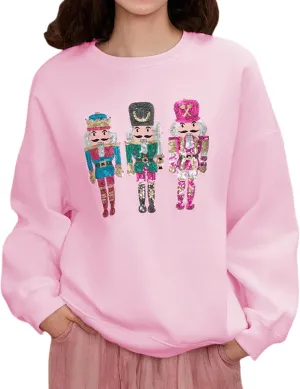 Aonoapll Women Sequin Nutcracker Sweatshirt Cute Holiday Oversized Pullover Sparkly Christmas Long Sleeve Crewneck Shirt
