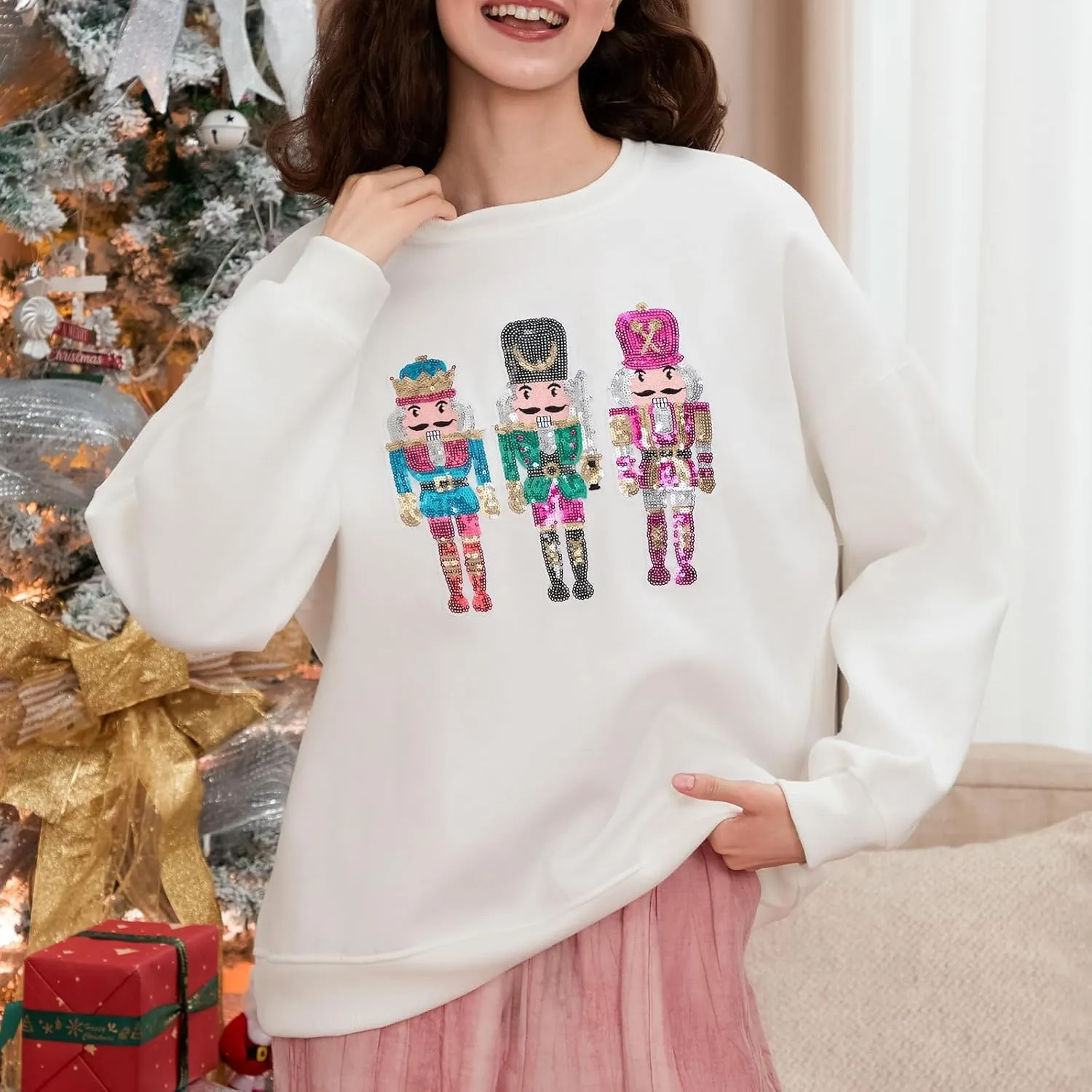 Aonoapll Women Sequin Nutcracker Sweatshirt Cute Holiday Oversized Pullover Sparkly Christmas Long Sleeve Crewneck Shirt