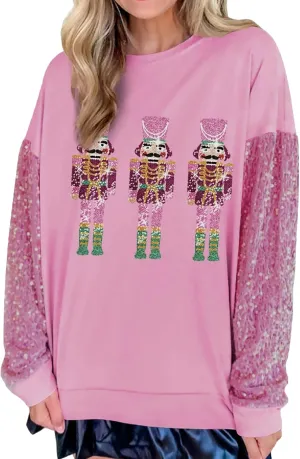 Aonoapll Women Sequin Nutcracker Sweatshirt Cute Holiday Oversized Pullover Sparkly Christmas Long Sleeve Crewneck Shirt
