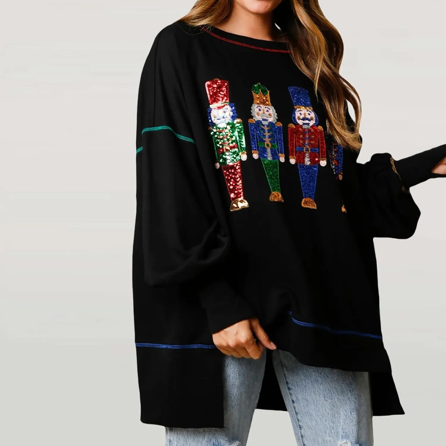 Aonoapll Women Sequin Nutcracker Sweatshirt Cute Holiday Oversized Pullover Sparkly Christmas Long Sleeve Crewneck Shirt