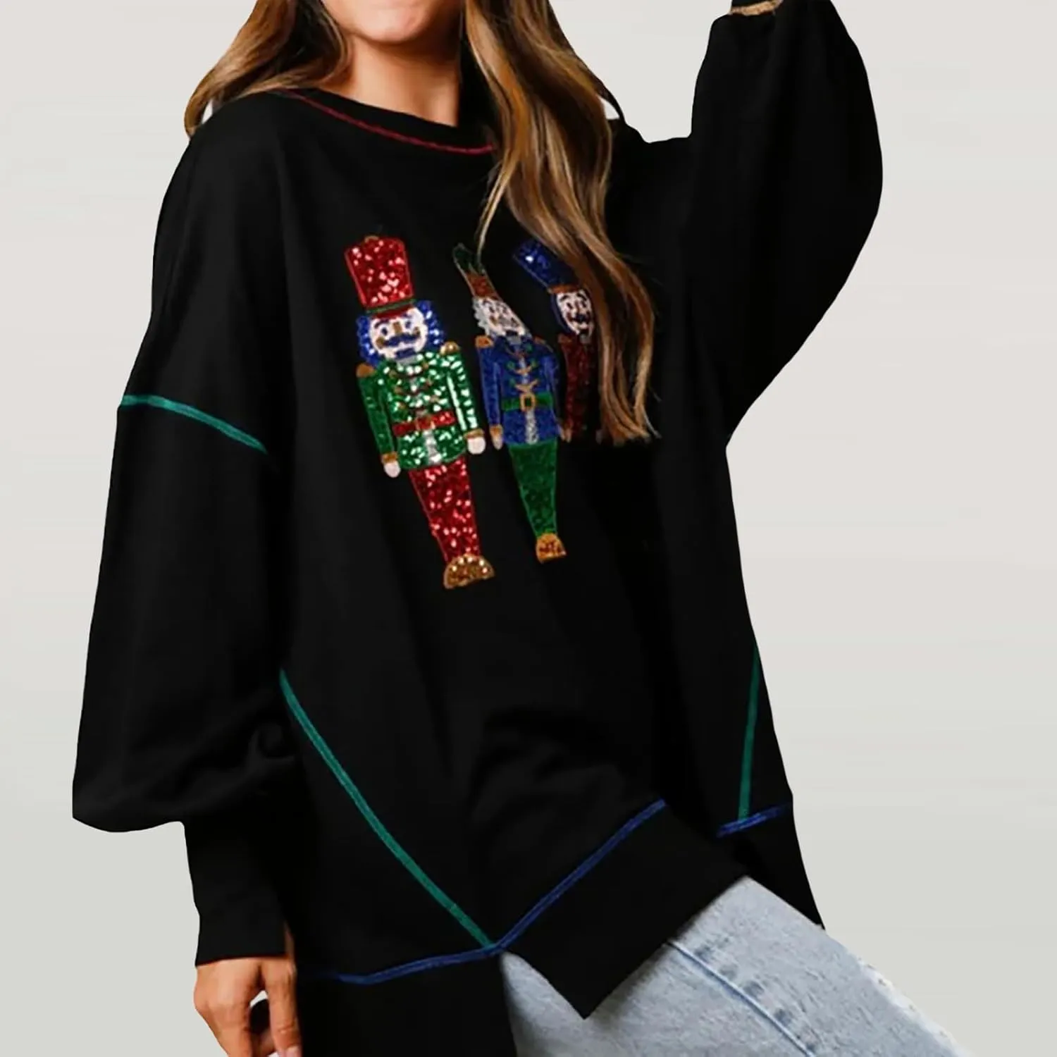 Aonoapll Women Sequin Nutcracker Sweatshirt Cute Holiday Oversized Pullover Sparkly Christmas Long Sleeve Crewneck Shirt