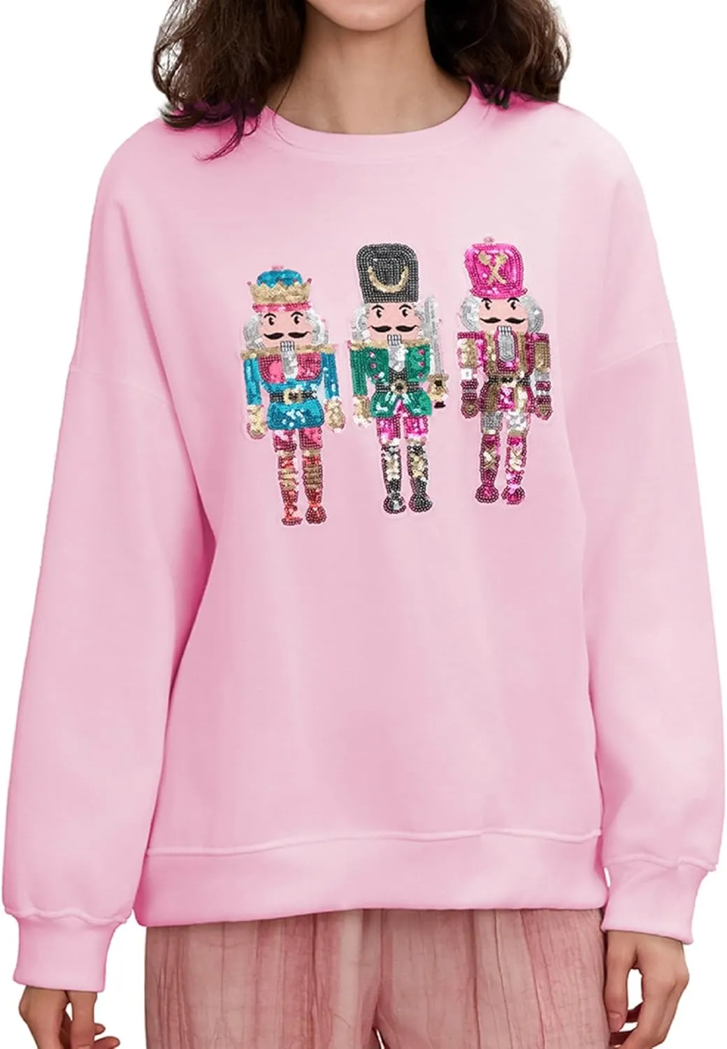 Aonoapll Women Sequin Nutcracker Sweatshirt Cute Holiday Oversized Pullover Sparkly Christmas Long Sleeve Crewneck Shirt