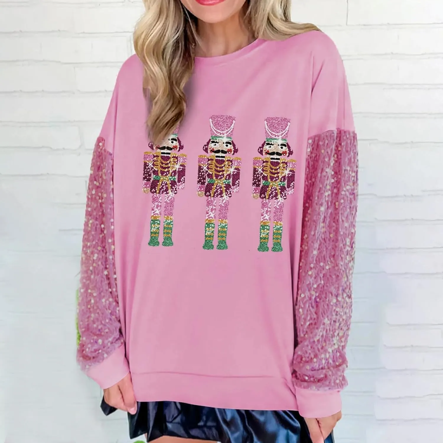 Aonoapll Women Sequin Nutcracker Sweatshirt Cute Holiday Oversized Pullover Sparkly Christmas Long Sleeve Crewneck Shirt