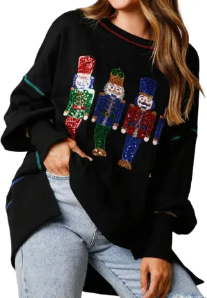 Aonoapll Women Sequin Nutcracker Sweatshirt Cute Holiday Oversized Pullover Sparkly Christmas Long Sleeve Crewneck Shirt