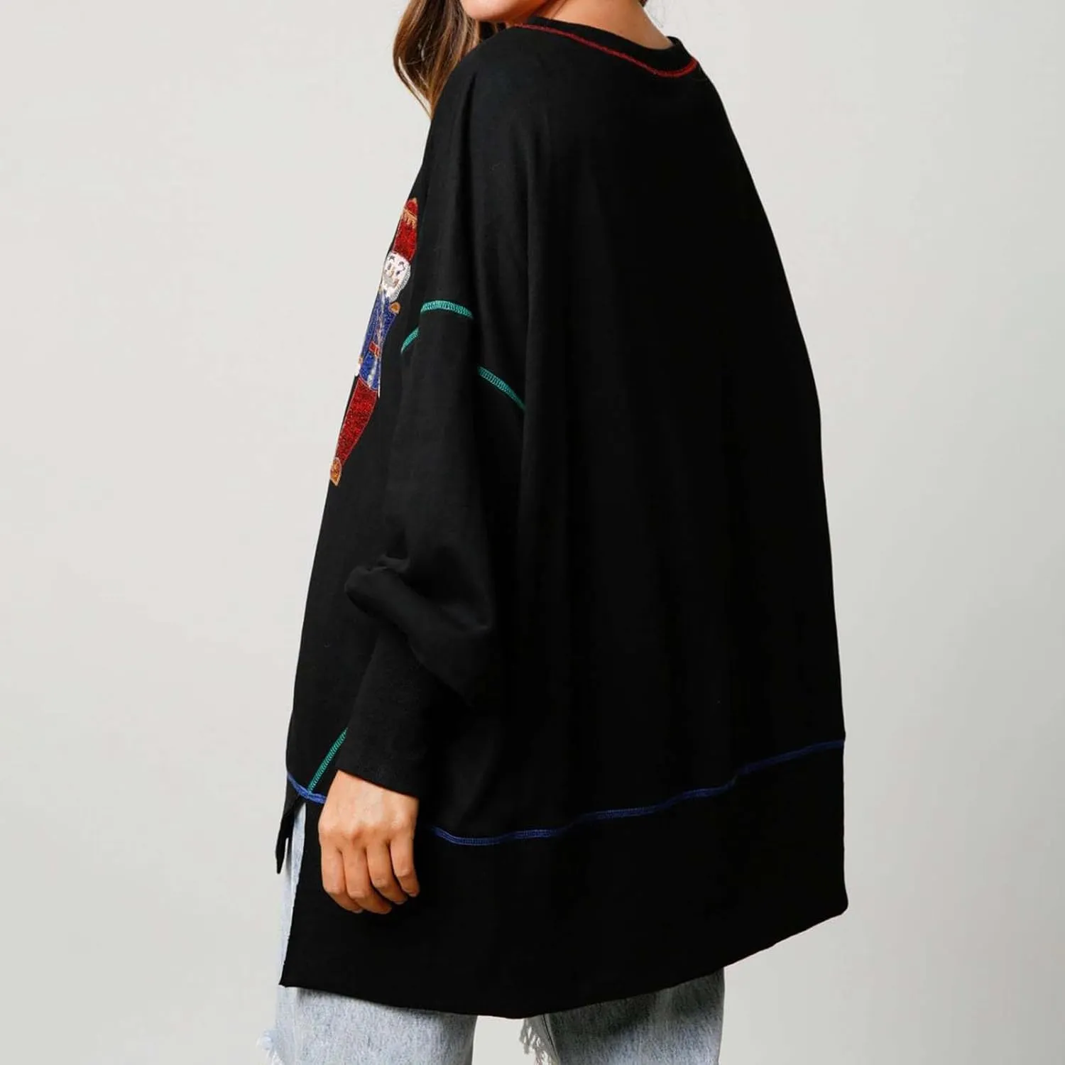 Aonoapll Women Sequin Nutcracker Sweatshirt Cute Holiday Oversized Pullover Sparkly Christmas Long Sleeve Crewneck Shirt