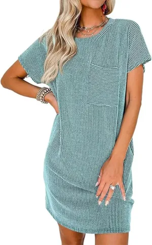 Apvirdy Dresses for Women 2024 Casual Short Sleeve Crewneck Summer Mini Tshirt Ribbed Knit Short Dress with Pockets,S-XXL