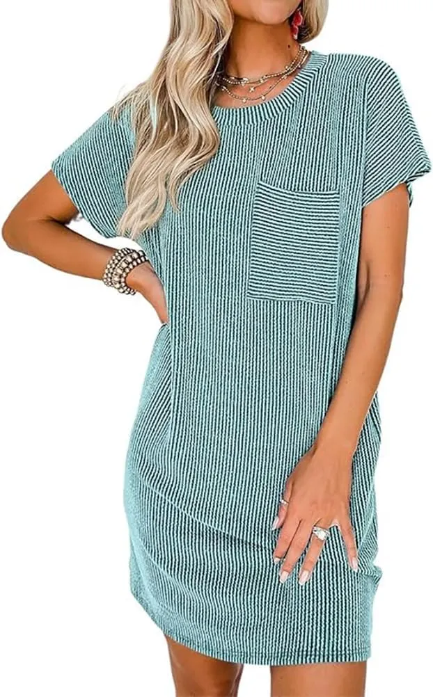 Apvirdy Dresses for Women 2024 Casual Short Sleeve Crewneck Summer Mini Tshirt Ribbed Knit Short Dress with Pockets,S-XXL