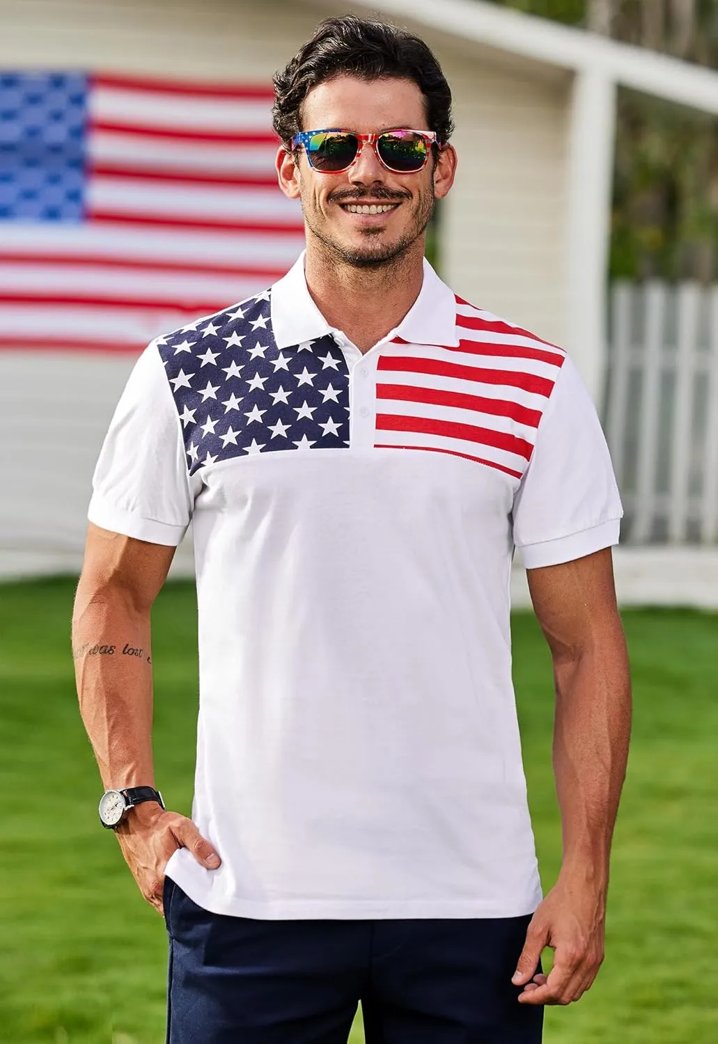 Arvilhill Men's American Flag Polo Shirts Short Sleeve 4th of July Cotton Golf Shirt (S-3XL)