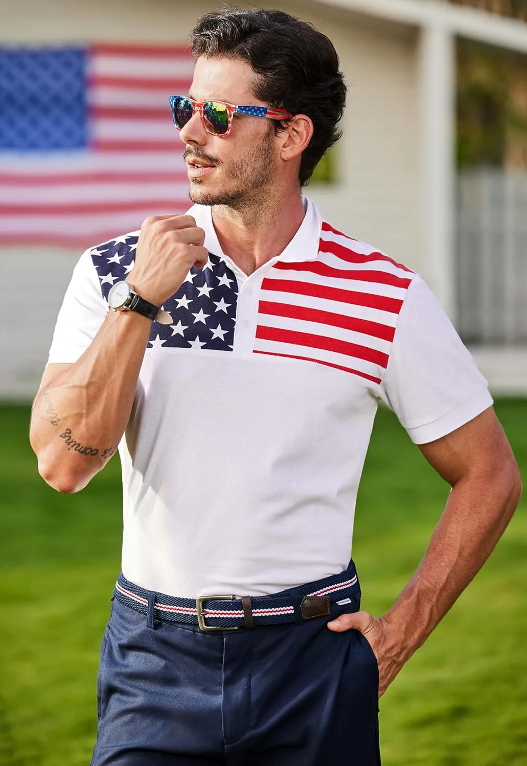 Arvilhill Men's American Flag Polo Shirts Short Sleeve 4th of July Cotton Golf Shirt (S-3XL)