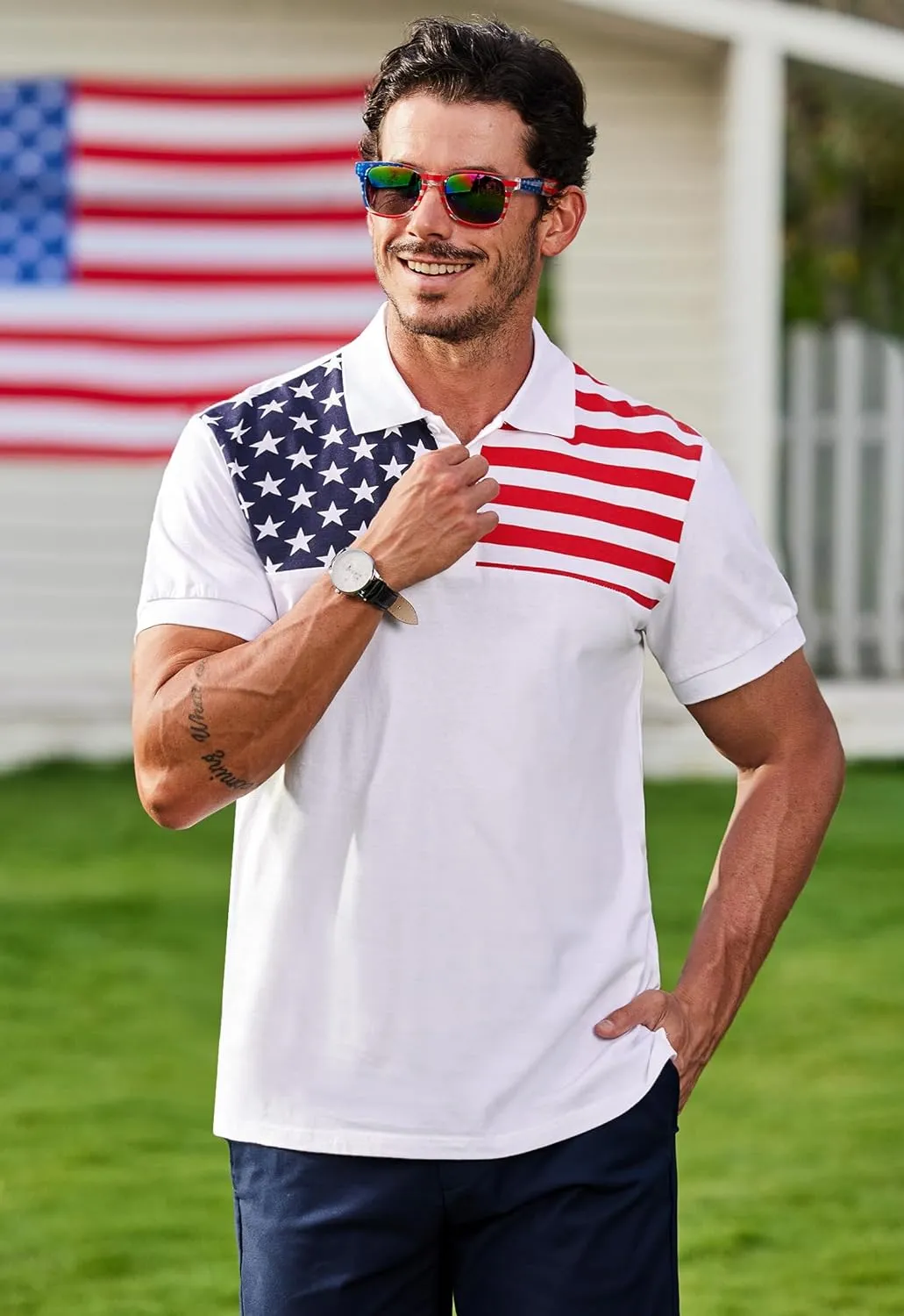Arvilhill Men's American Flag Polo Shirts Short Sleeve 4th of July Cotton Golf Shirt (S-3XL)
