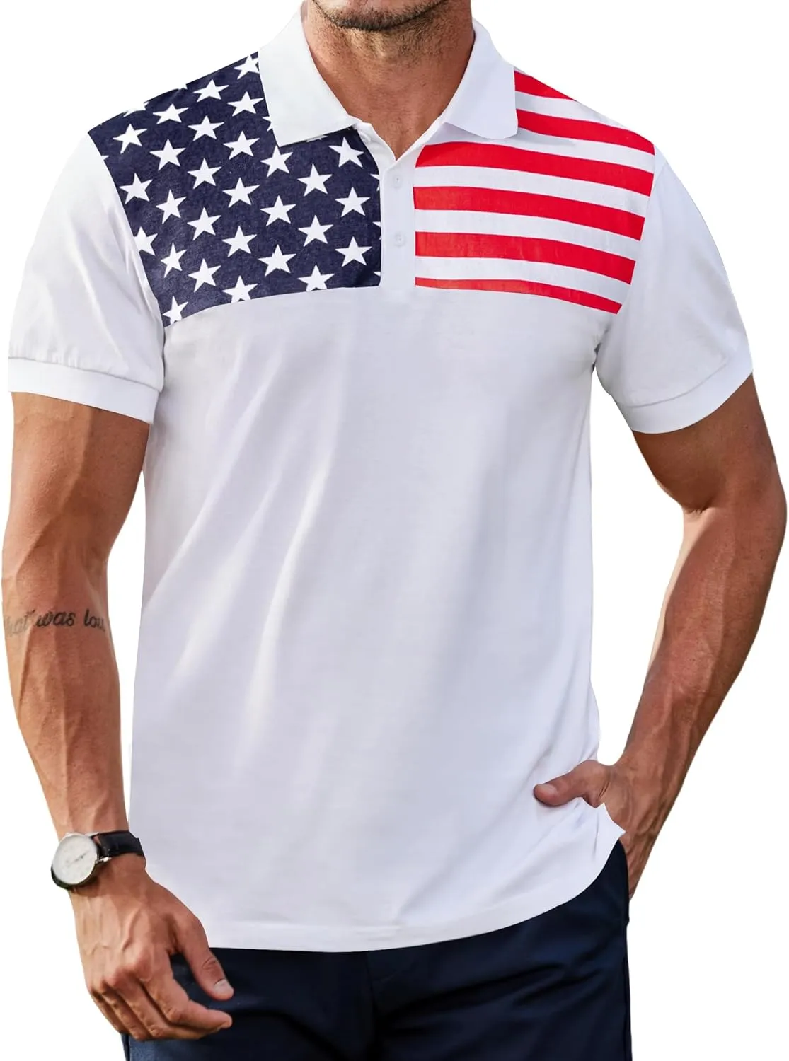 Arvilhill Men's American Flag Polo Shirts Short Sleeve 4th of July Cotton Golf Shirt (S-3XL)