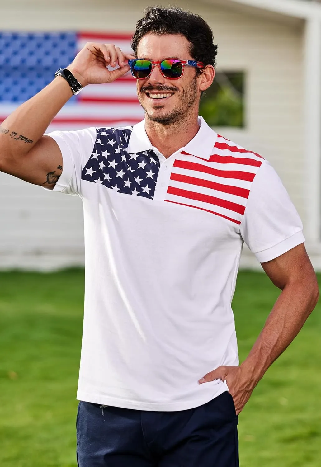 Arvilhill Men's American Flag Polo Shirts Short Sleeve 4th of July Cotton Golf Shirt (S-3XL)