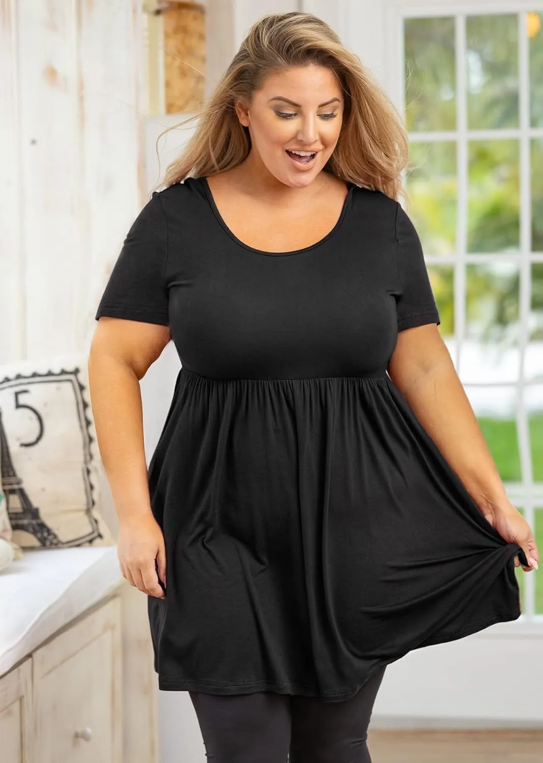 AusLook Women's Plus Size Tunic Short Sleeve Clothes Scoop Neck Summer Tops Pleated Flowy Loose Fit Babydoll T Shirt L-5X