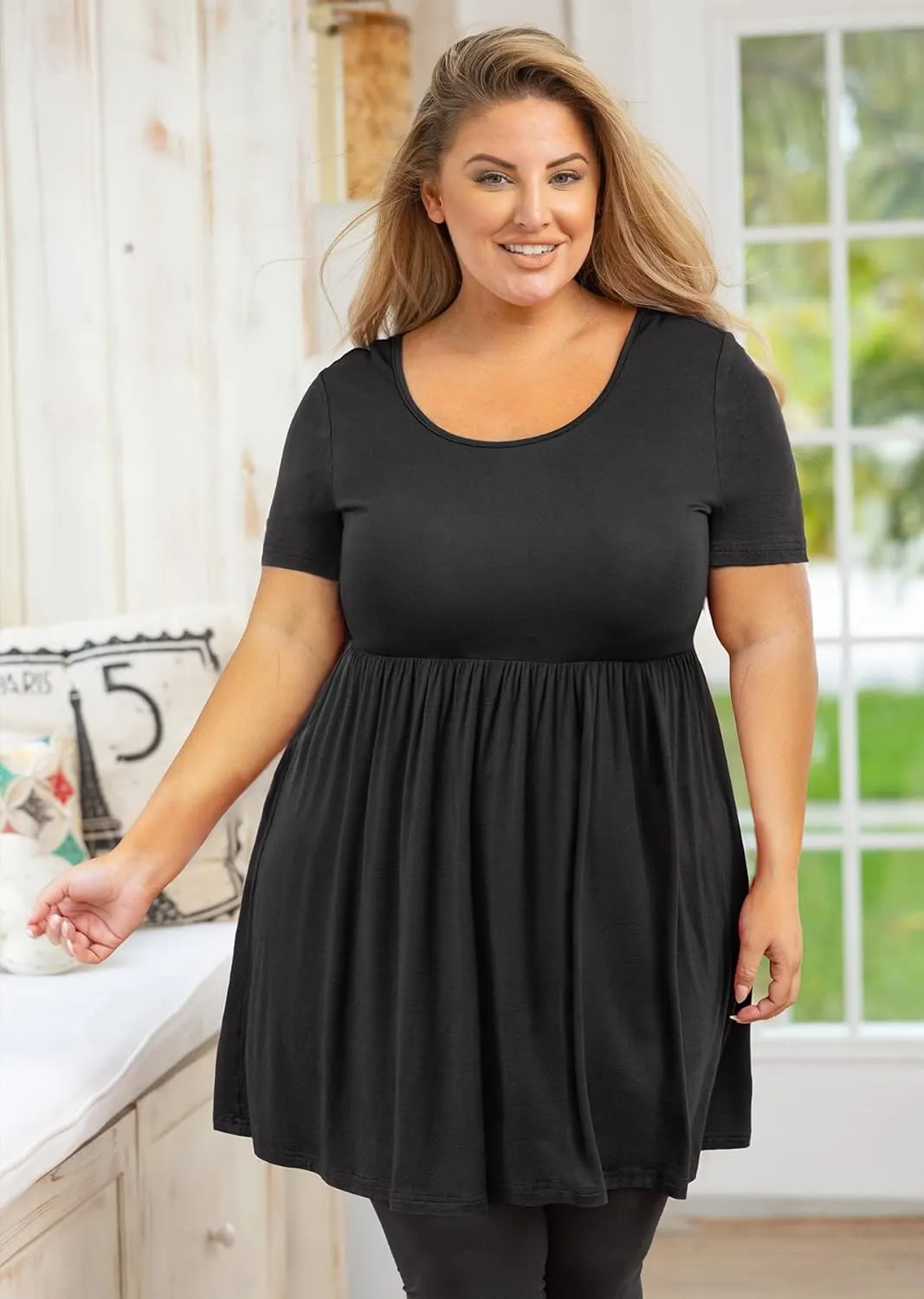 AusLook Women's Plus Size Tunic Short Sleeve Clothes Scoop Neck Summer Tops Pleated Flowy Loose Fit Babydoll T Shirt L-5X