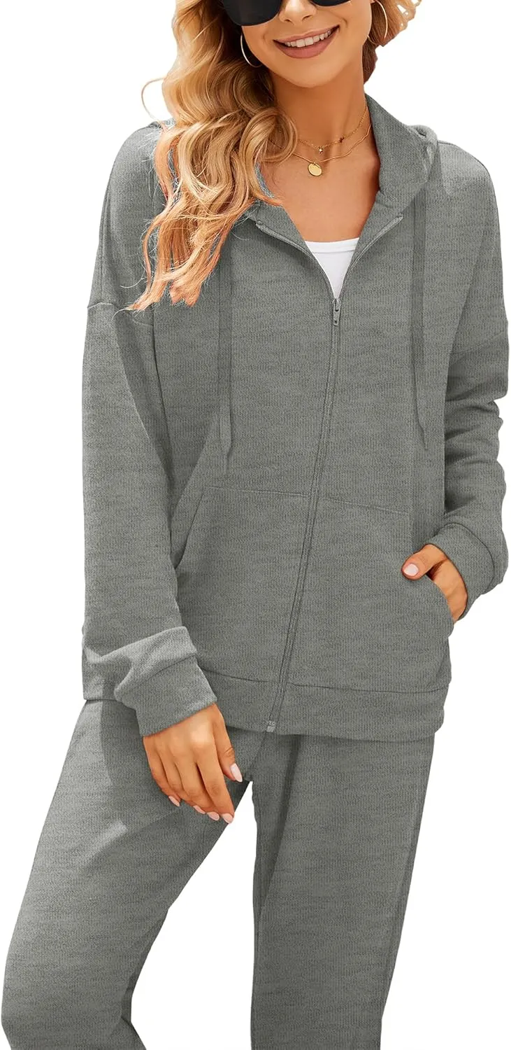 AUXDIO Women 2 Piece Outfits Tracksuit Casual Zip Up Hoodie Sweatsuits Jogging Long Pant Set
