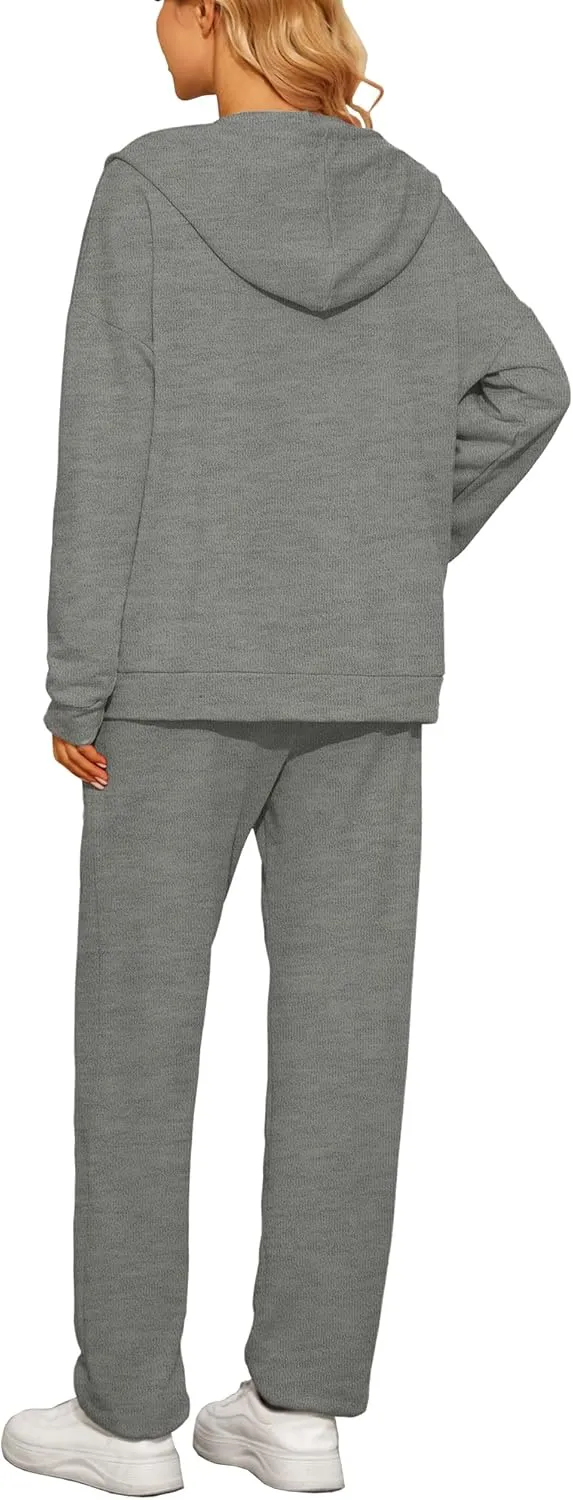 AUXDIO Women 2 Piece Outfits Tracksuit Casual Zip Up Hoodie Sweatsuits Jogging Long Pant Set