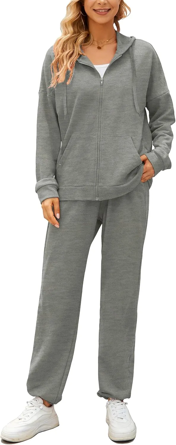 AUXDIO Women 2 Piece Outfits Tracksuit Casual Zip Up Hoodie Sweatsuits Jogging Long Pant Set