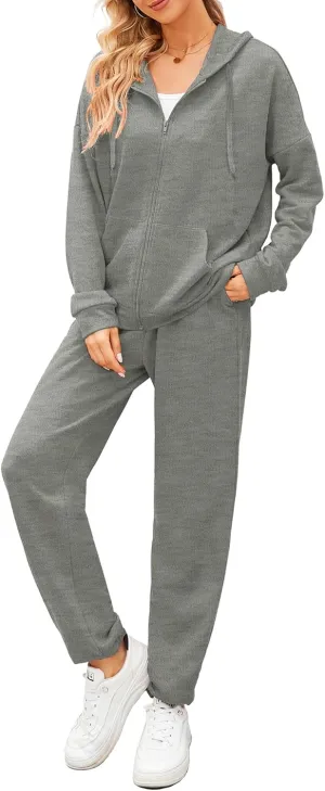 AUXDIO Women 2 Piece Outfits Tracksuit Casual Zip Up Hoodie Sweatsuits Jogging Long Pant Set