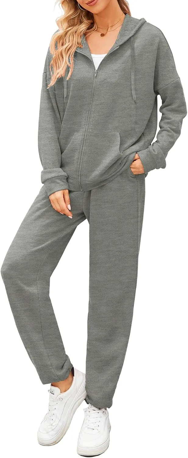AUXDIO Women 2 Piece Outfits Tracksuit Casual Zip Up Hoodie Sweatsuits Jogging Long Pant Set