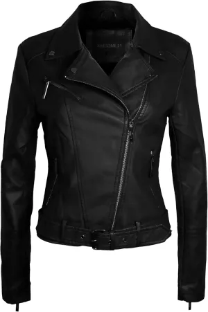 Awesome21 Women's Classic Faux Leather Moto Jacket with Furry Lining and Belt Black S